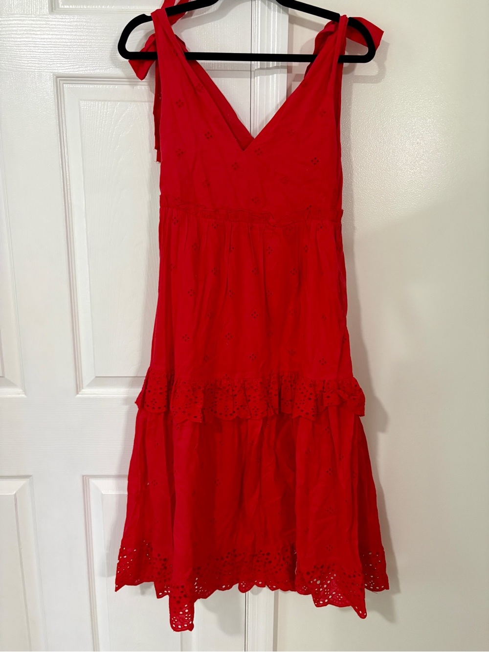 NWT Red Tie-Shoulder V-Neck Eyelet Midi Dress made by Dex